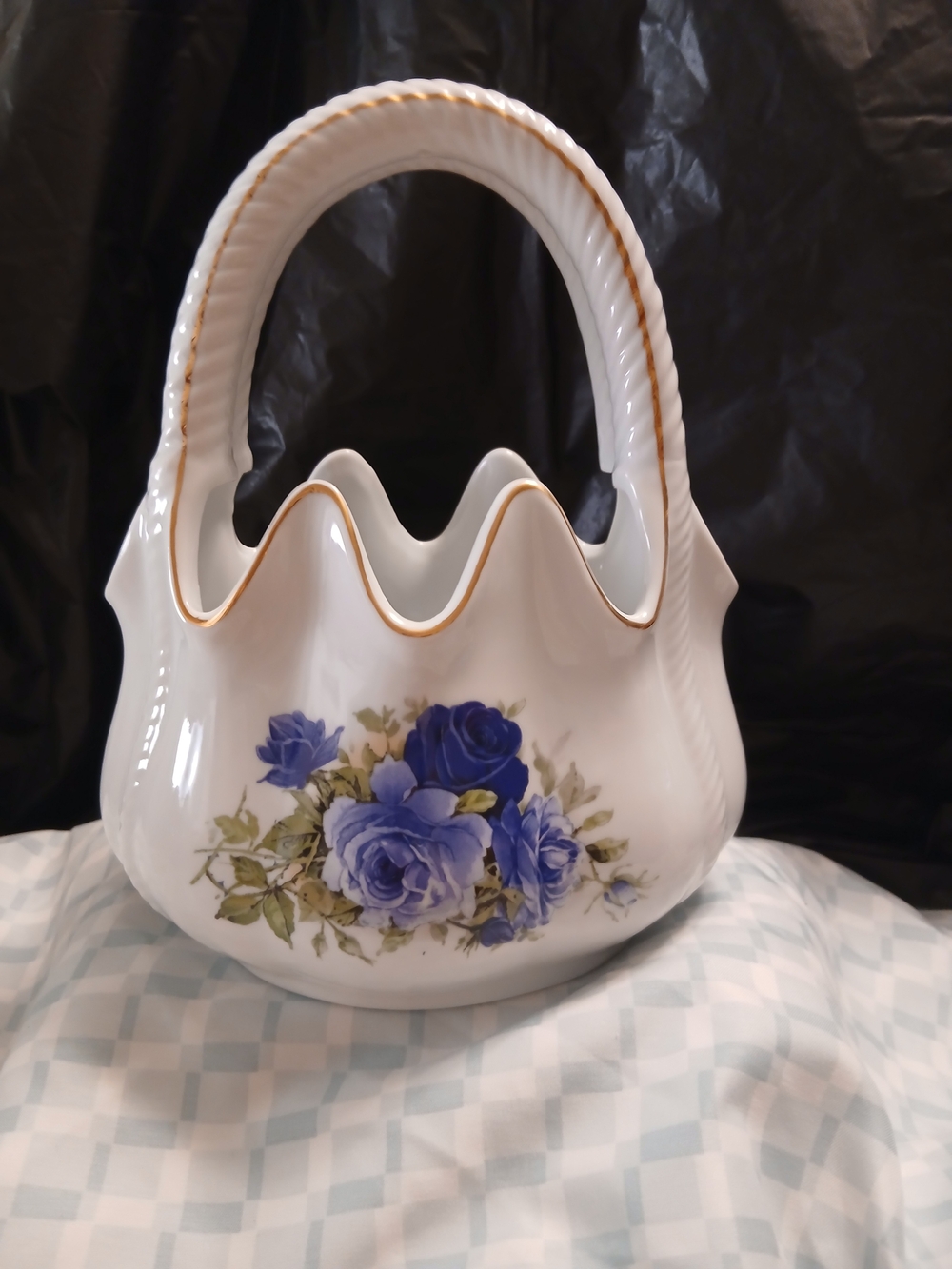 Baum Bros. Formalities Basket/Vase with Blue Rose Bouquet and Gold Trim